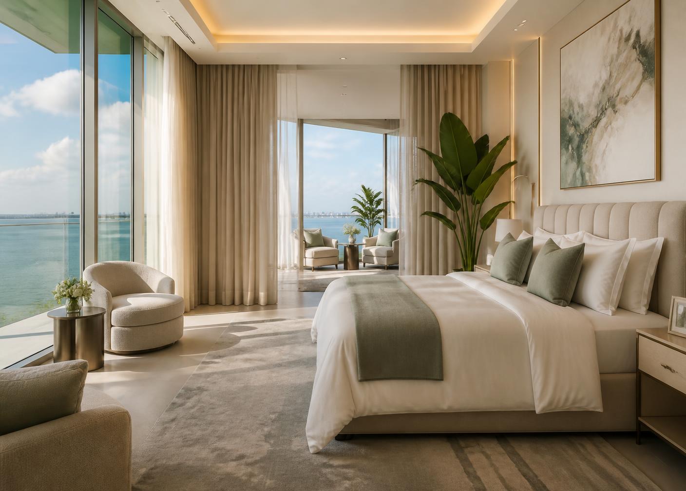 Elegant waterfront high-rise interior in a private South Florida residence