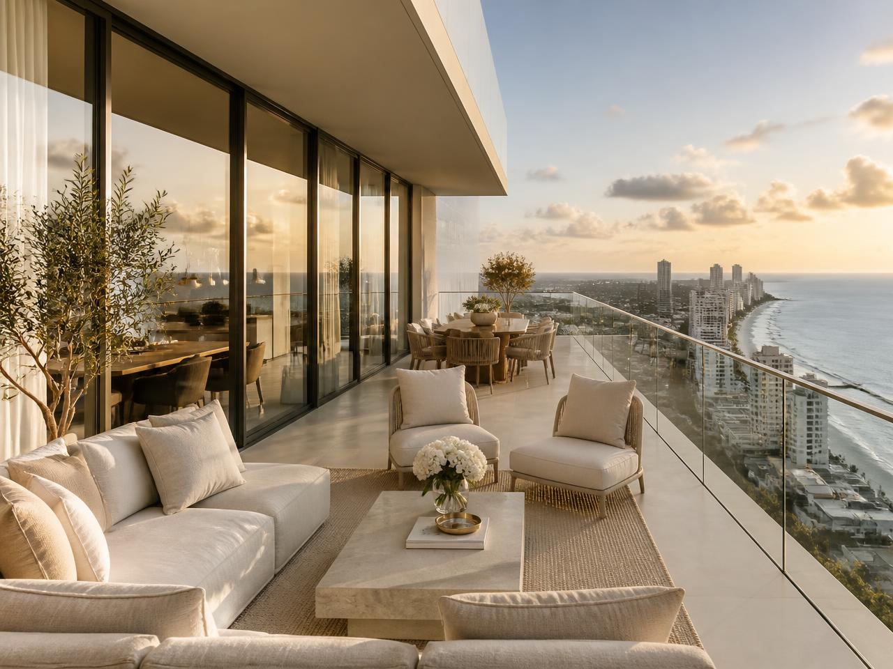 Luxury Miami penthouse terrace with elegant neutral seating overlooking the ocean and skyline